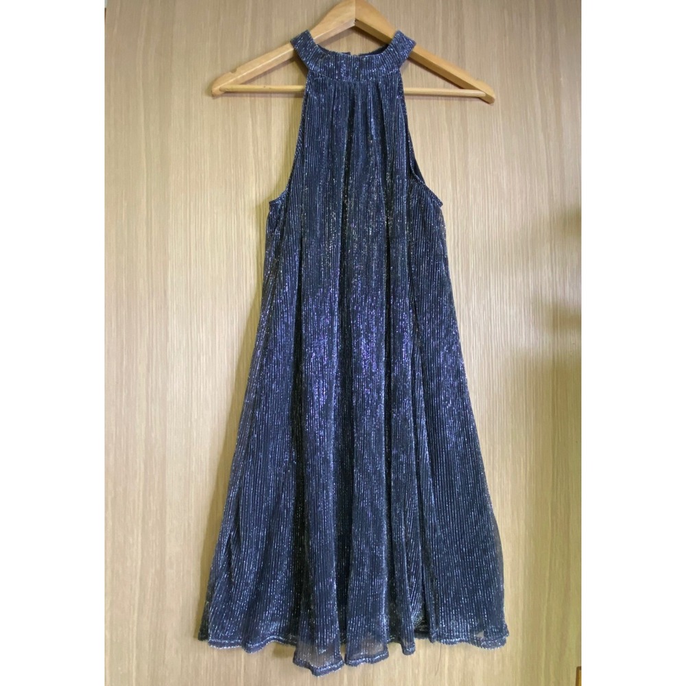 Nine West Women M Mini Dress Black Silver Metallic Pleated Halter Sleeveless NYE